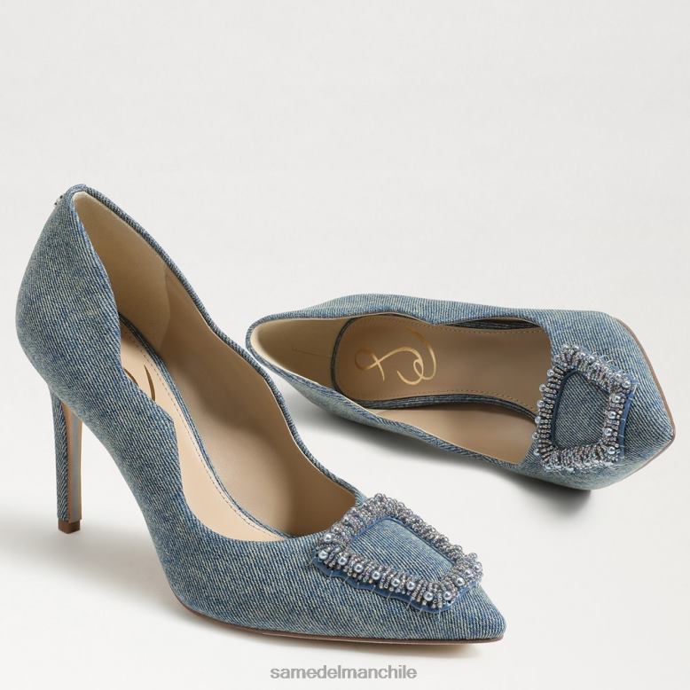 Sam Edelman P802J583 calzado lavado nuevo azul mujer tacón con puntera en punta y cuentas harriett